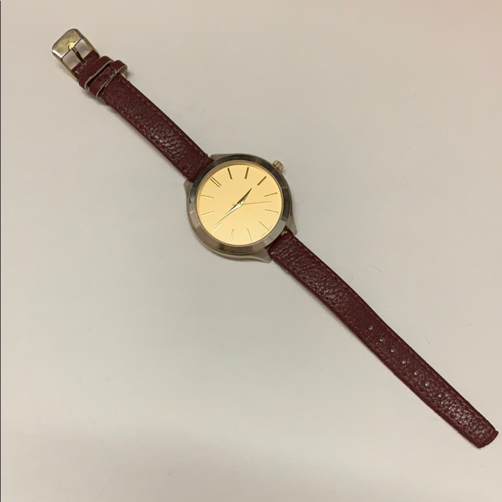 Simple Gold Watch with Faux Burgundy Leather